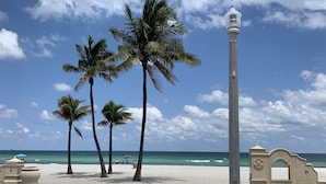 A beach with palm trees, a lamp post, and a decorative archway. - Ocean's Sound Hotel (Hollywood)