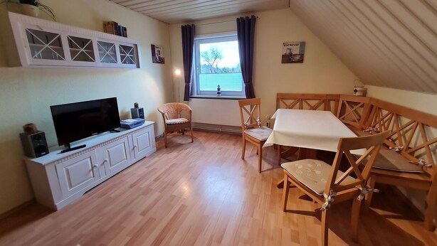 A cozy room with a TV, wooden furniture, a window with curtains, and a plant on the wall. - Diedrich - Holiday apartment Diedrich (Wyk auf Föhr)