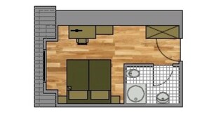 A room with a wooden floor, two doors, a sink, and a window. - Cozy vacation apartment Remise Bayard RE-12 in idyllic village on Usedom - (Stolpe auf Usedom)