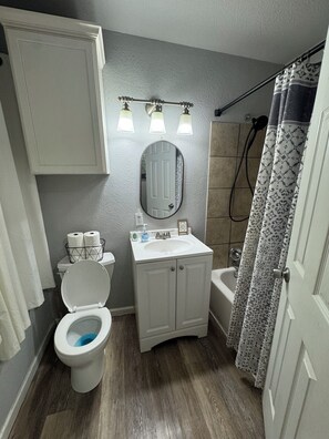 Combined shower/tub, hair dryer, towels, soap