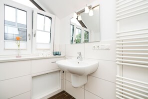 Shower, hair dryer, towels