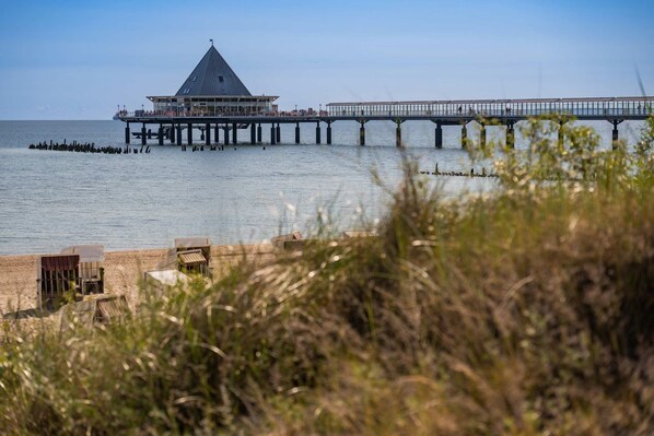 A pier extending into the water with a building at the end, surrounded by calm water and some vegetation in the foreground.