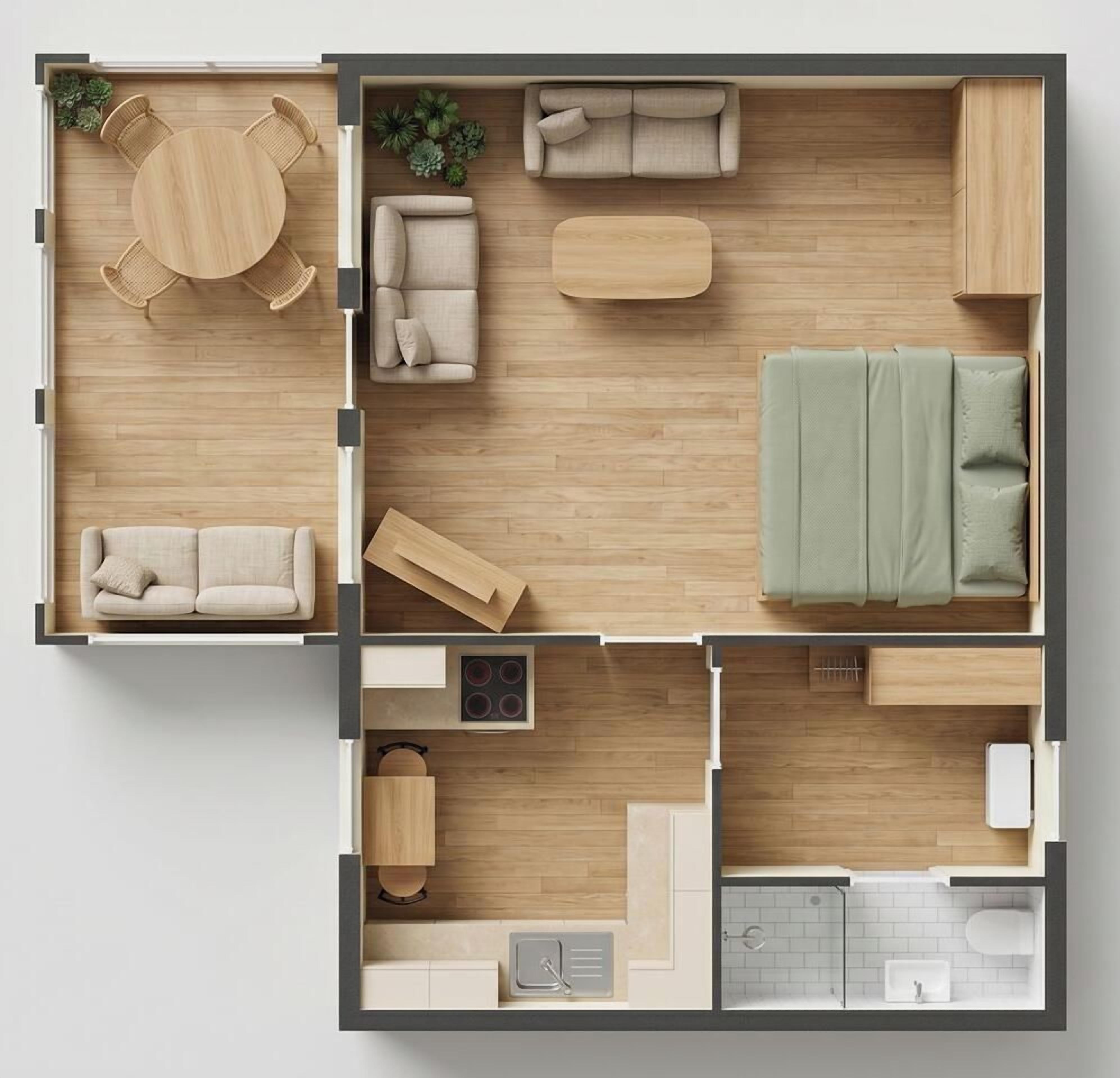 A top-down view of a modern apartment with a dining area, two sofas, a kitchen, and a bathroom.