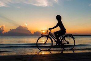A silhouette of a person riding a bicycle with a basket on a beach at sunset.