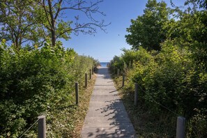 A wooden pathway flanked by dense greenery, leading towards a distant view. - Spacious apartment in Heringsdorf with 2 bathrooms, only 300 m from the beach - (Heringsdorf)