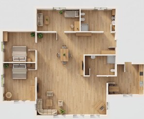 A floor plan of a modern apartment with a living room, dining area, kitchen, two bedrooms, and a bathroom. - Spacious apartment in Heringsdorf with 2 bathrooms, only 300 m from the beach - (Heringsdorf)