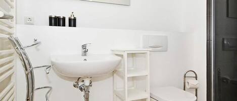 A bathroom with a white sink, a toilet, and a shower area.