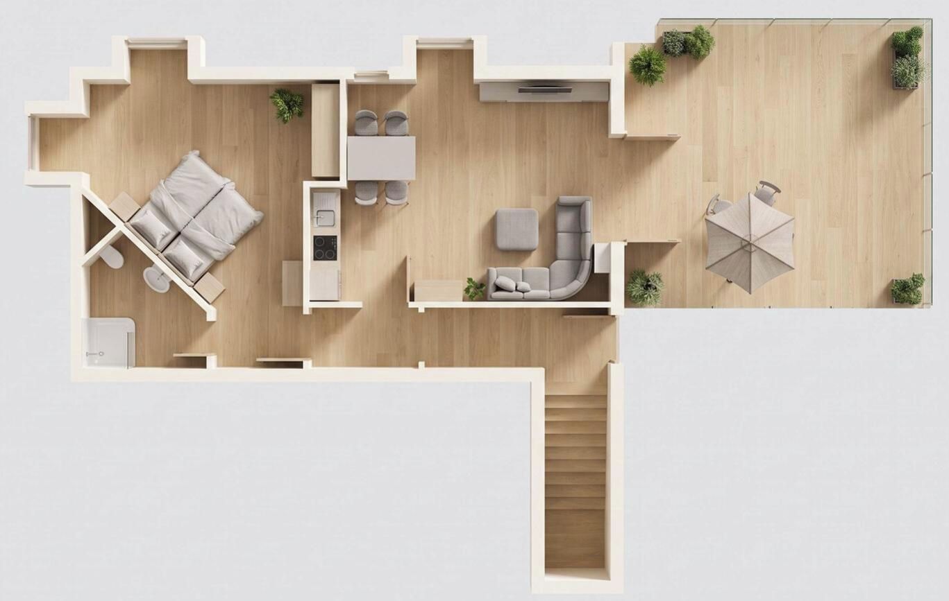 A floor plan of a hotel room with a bed, a seating area, a kitchenette, and a bathroom.