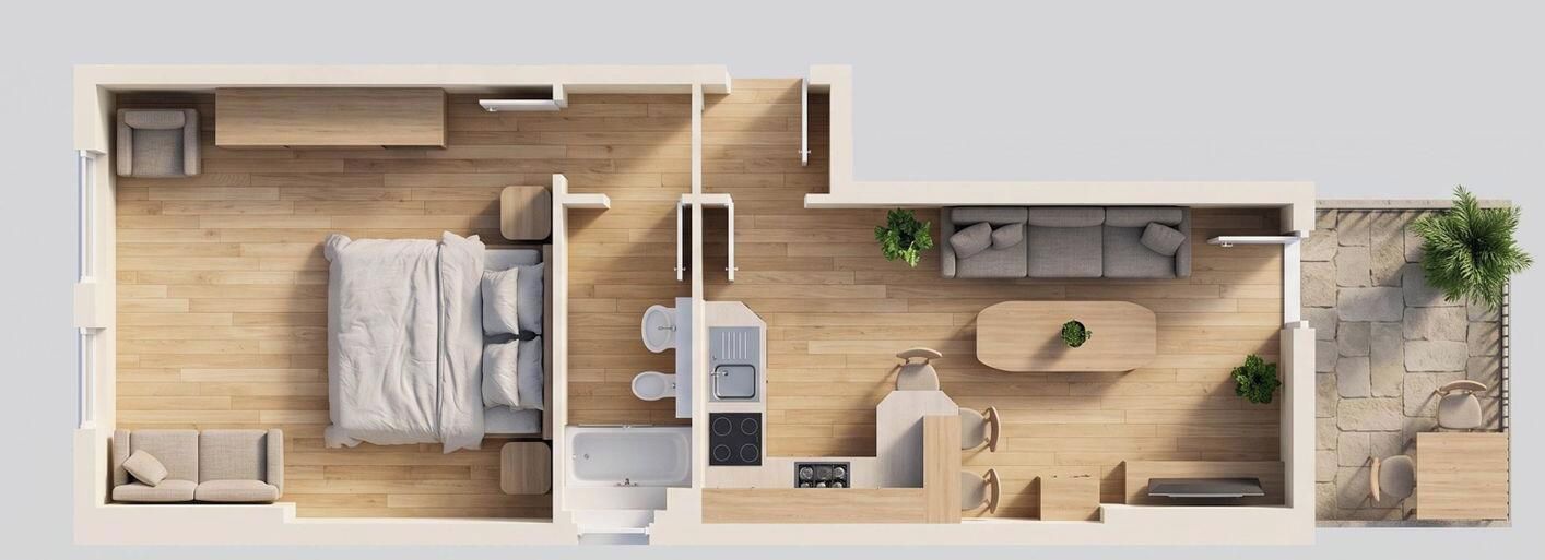 Ein modernes Apartment mit Schlafzimmer, Wohnbereich, Küchenzeile und einem kleinen Balkon.