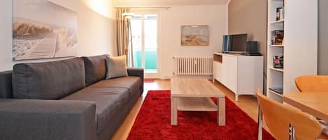 Una sala de estar moderna con un sofá gris, un tapete rojo, una mesa de centro de madera, un televisor y una estantería.