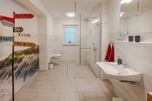 Shower, hair dryer, towels
