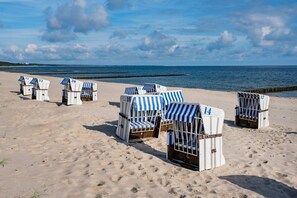 Sillas de playa con números en una playa arenosa cerca del océano.