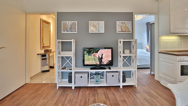 Un salon avec un téléviseur posé sur un meuble blanc, des murs gris et un plancher en bois.