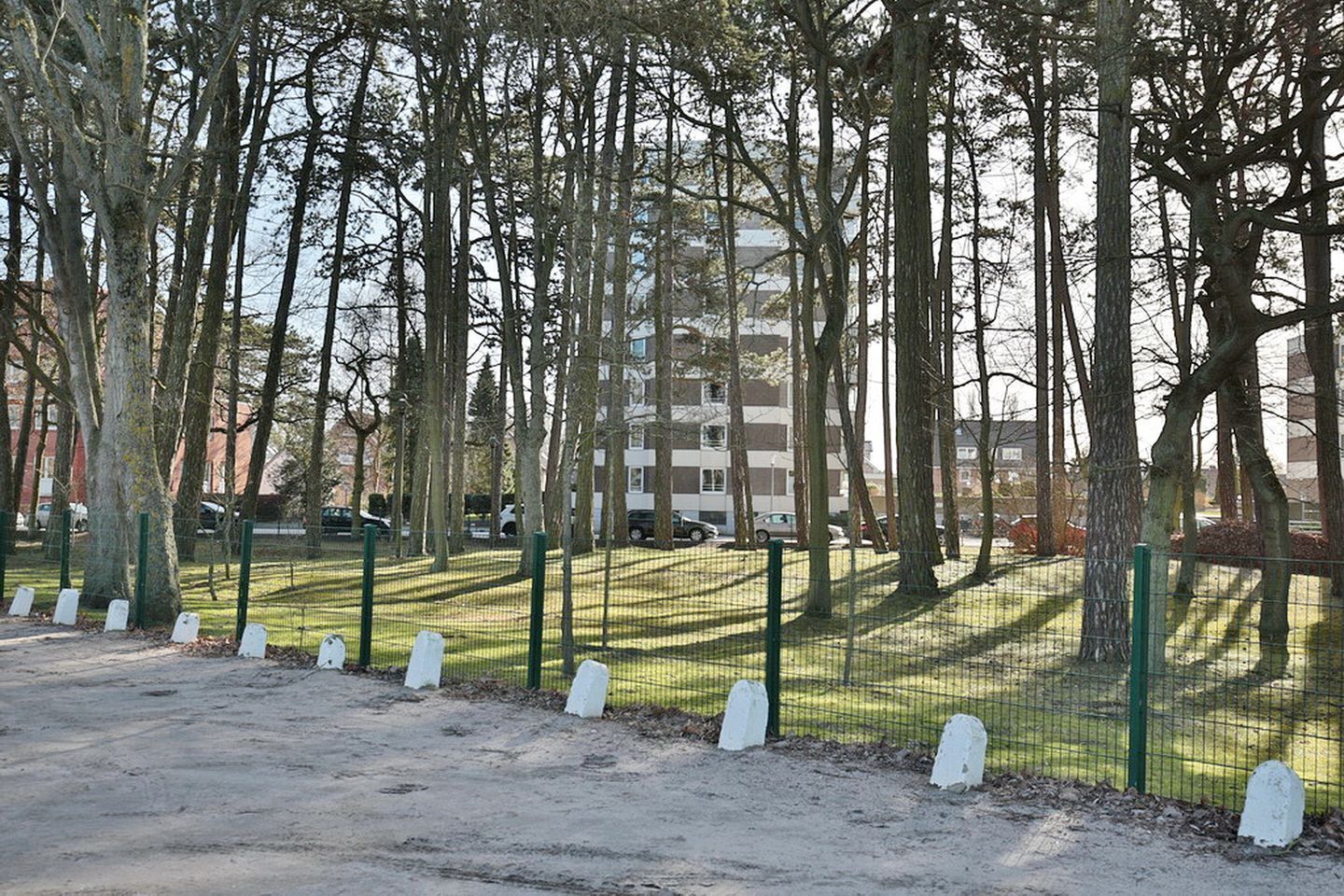 Ein Friedhof mit weißen Grabsteinen und einem grünen Zaun, umgeben von Bäumen und einem Gebäude im Hintergrund.