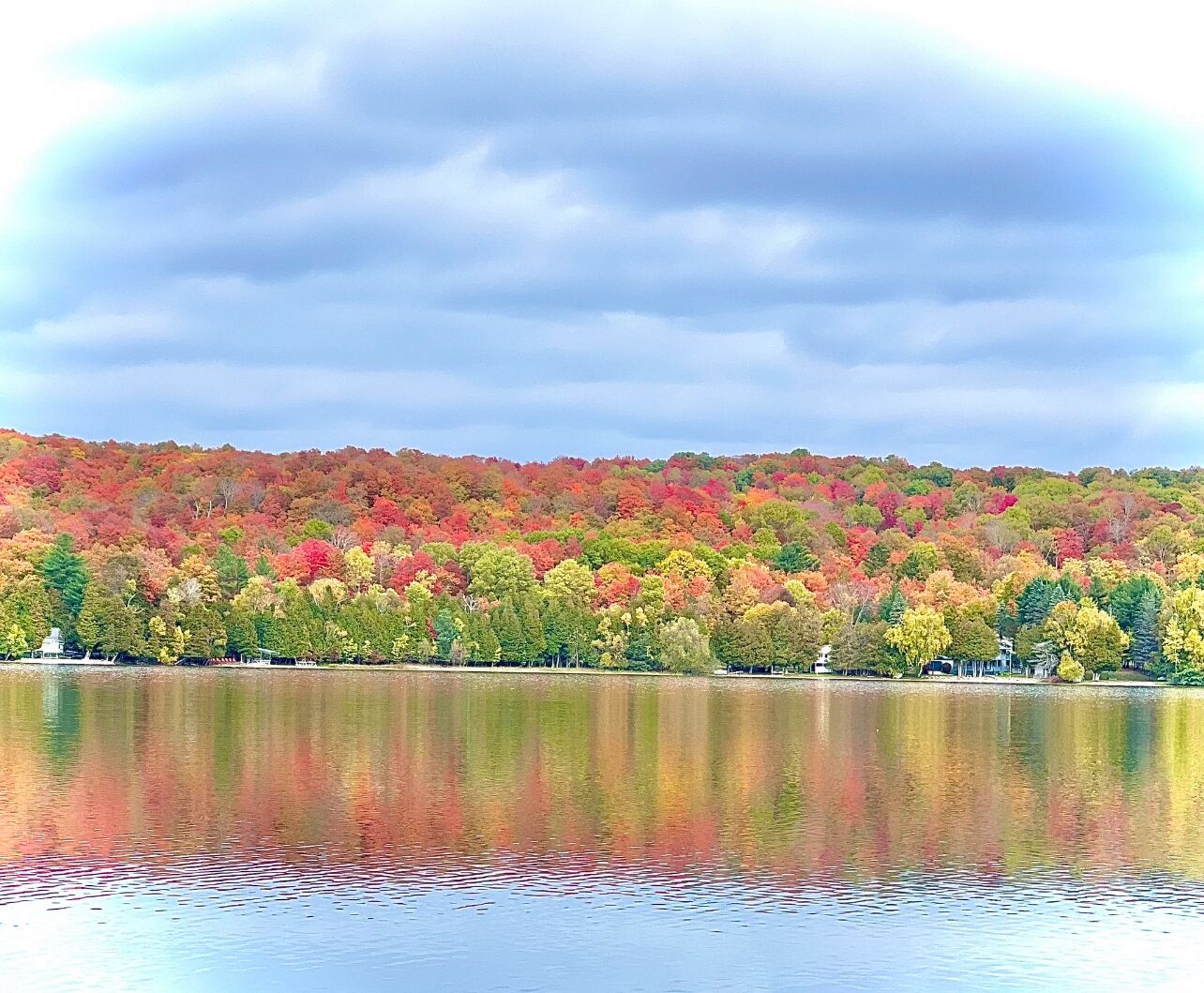 A lake with a forested hillside in the background.