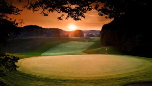 A golf course at sunset with a clear sky, a flag on the green, and a path leading to the hole.