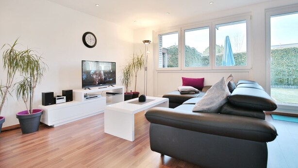 A modern living room with a flat-screen TV, white entertainment unit, black leather sofa, and large windows with a view of greenery.