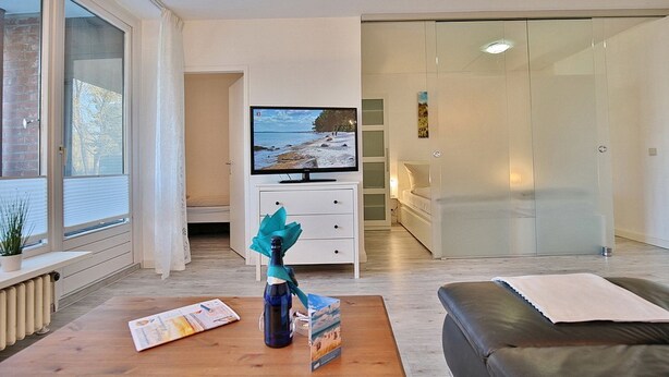 A modern living room with a television, a wooden coffee table, a sofa, and a glass door leading to a bedroom.