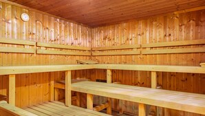 A sauna with wooden benches and a wooden ceiling. - Comfort apartment with pool, sauna and Wi-Fi (Hauzenberg)