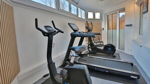 A home gym with two elliptical machines and a treadmill, large windows, and a sliding glass door leading to an outdoor area.