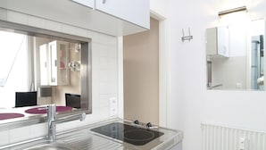 Une cuisine moderne dotée d’un évier en acier inoxydable, d’une plaque de cuisson intégrée et d’un grand miroir au-dessus du plan de travail.