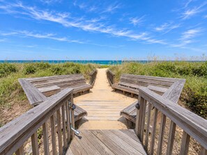 A wooden boardwalk leading to the beach with a clear sky above. - Goldenberg - 🏄Enjoy Spectacular Views from this 4 BR Oceanfront Home🏄 (Southern Shores)