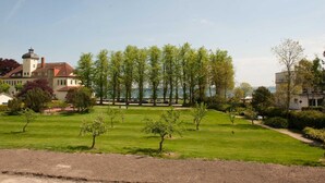 A well-maintained lawn with a few small trees, a building with a tower, and a body of water in the background.