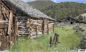 Ein rustikales Holzhaus mit Strohdach, umgeben von einem Holzstapel und einem bewaldeten Hang im Hintergrund.