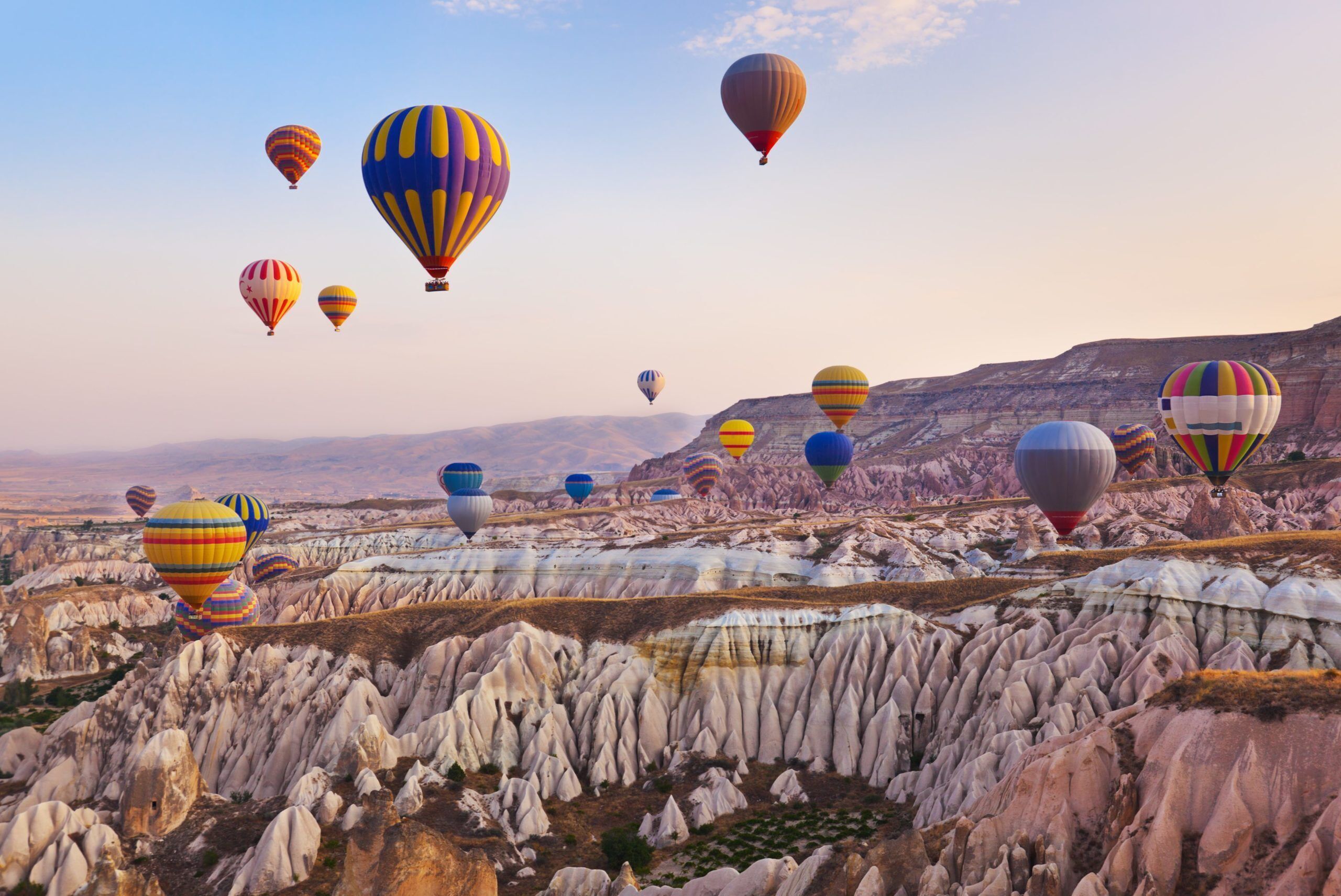 Un paisaje con numerosos globos aerostáticos coloridos.