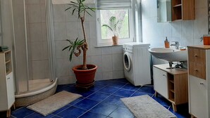A bathroom with a shower, a washing machine, a sink, and a potted plant.