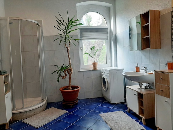 Shower, hair dryer, towels, soap