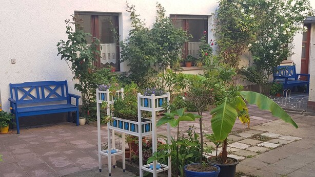 A courtyard with a blue bench, potted plants, and a white chair.