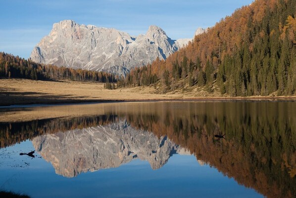 Un lac paisible où se reflètent les montagnes et les arbres.