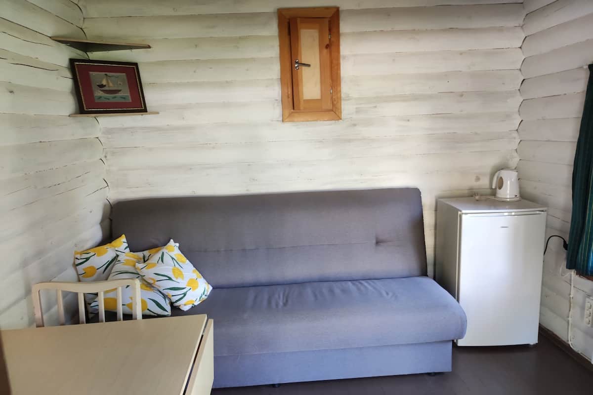 Una habitación compacta con un sofá gris, un refrigerador blanco pequeño y un armario de madera.