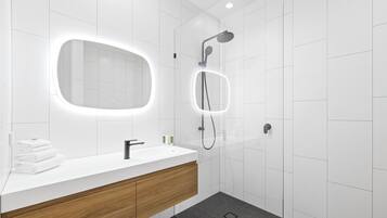 Hair dryer, towels, toilet paper