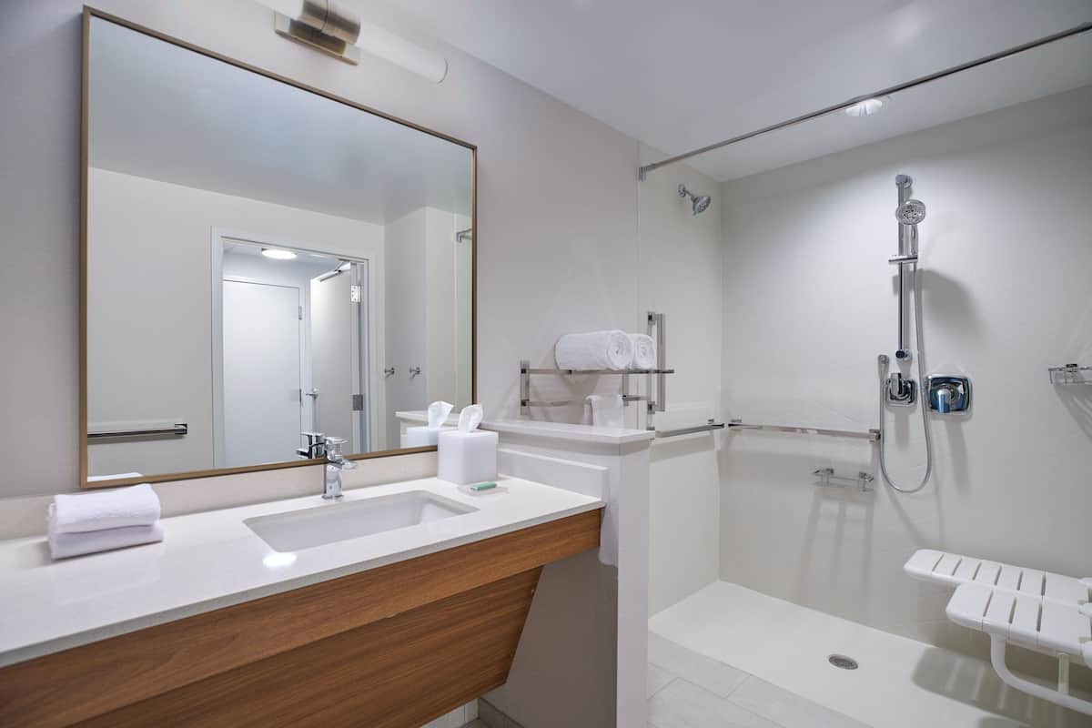 Een moderne badkamer met een grote spiegel, een wastafel, een douche en een toilet.