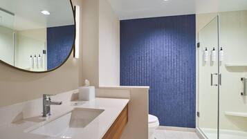 Un baño moderno con un espejo grande, un lavamanos, un inodoro y una zona de ducha.