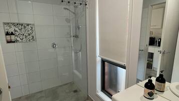 Shower, eco-friendly toiletries, hair dryer, towels