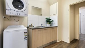 Kitchen features a washer and dryer, sink with faucet, and a potted plant on the countertop.