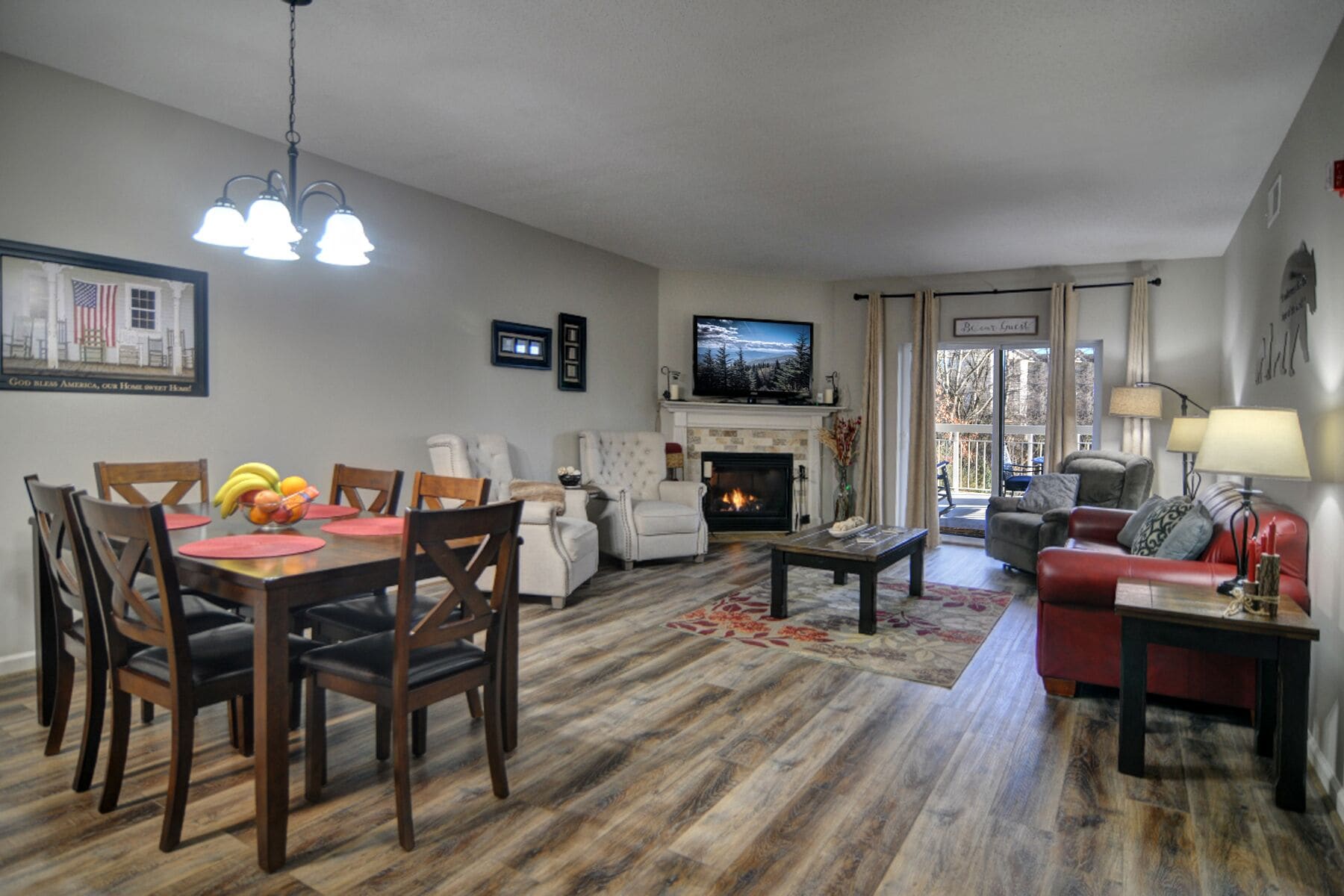 电视、壁炉、DVD 播放器、影片库