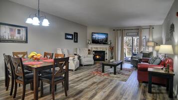 Een televisie, een open haard, een dvd-speler en een filmbibliotheek