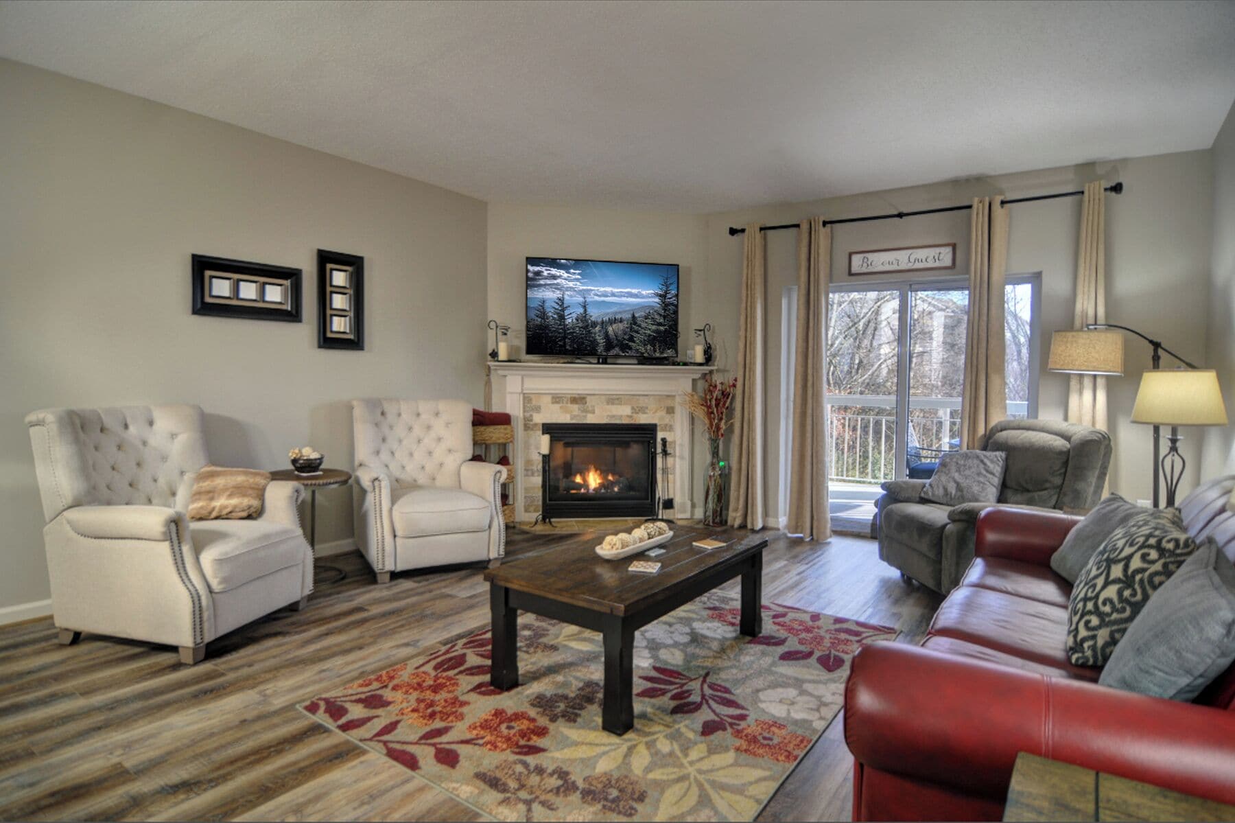 电视、壁炉、DVD 播放器、影片库