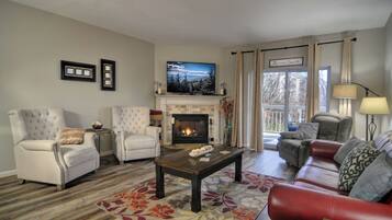 Televisión, chimenea, reproductor de DVD y videoteca