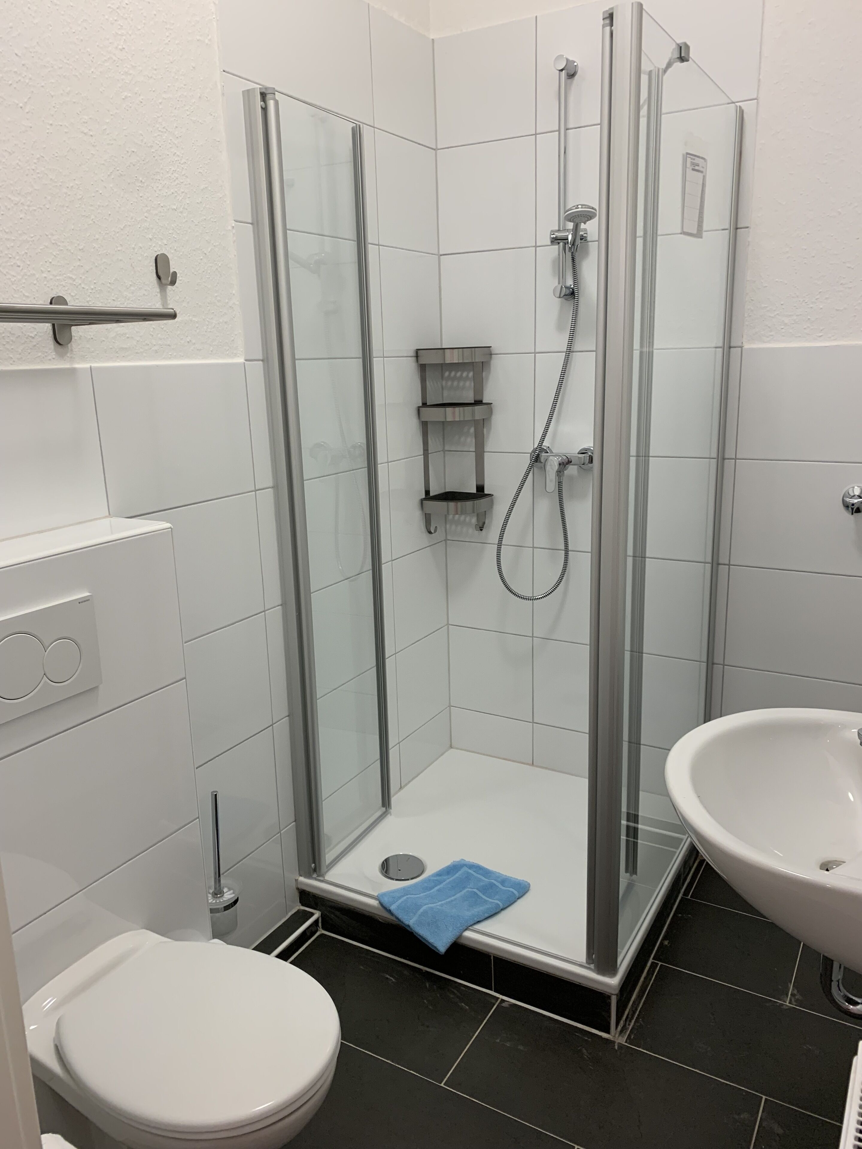 A modern bathroom with a glass-enclosed shower, a white toilet, and a white sink.