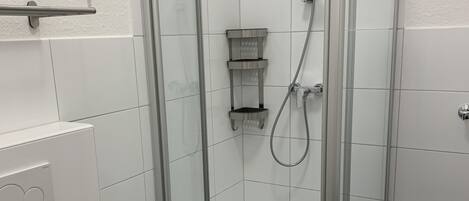 A modern bathroom with a glass-enclosed shower, a white toilet, and a white sink.
