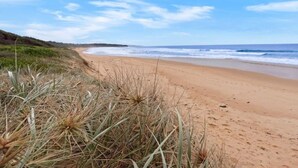 A beach with dunes and sparse vegetation. - Happy Dayz – Comfortable accommodation with pool (Culburra Beach)