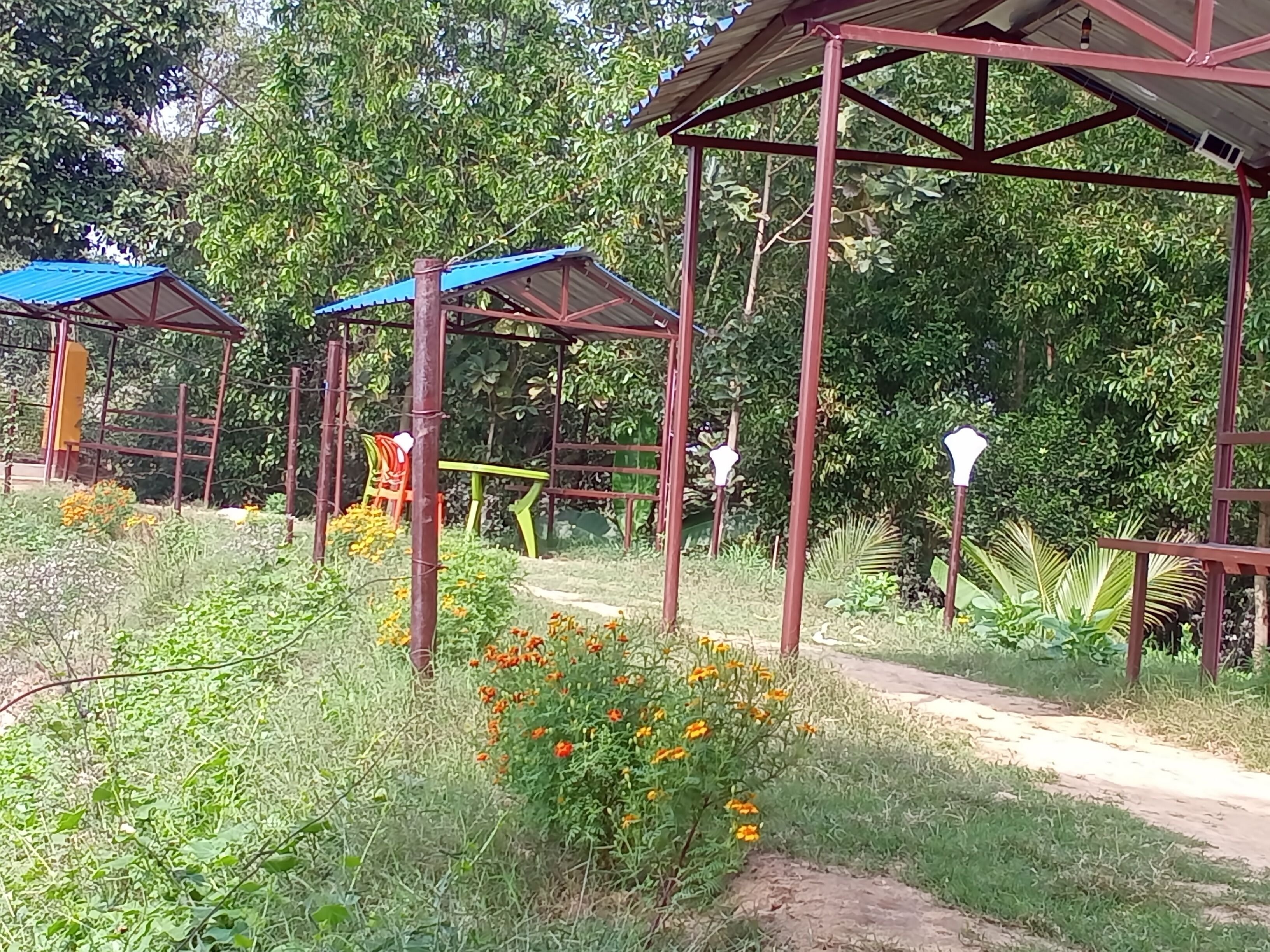 Un jardín con estructuras metálicas y un sendero de tierra.