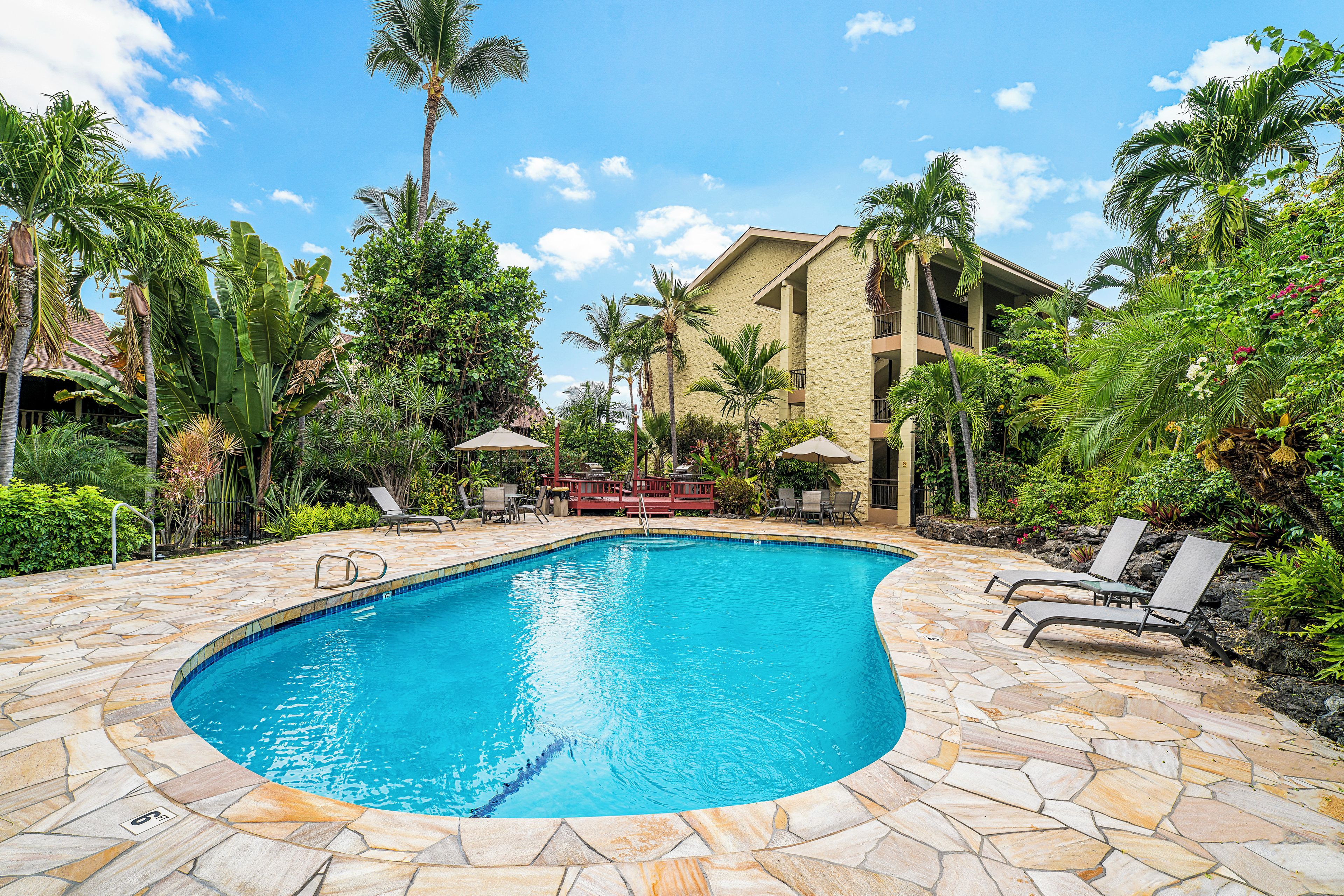 A swimming pool with stone tiles, surrounded by palm trees and lounge chairs.