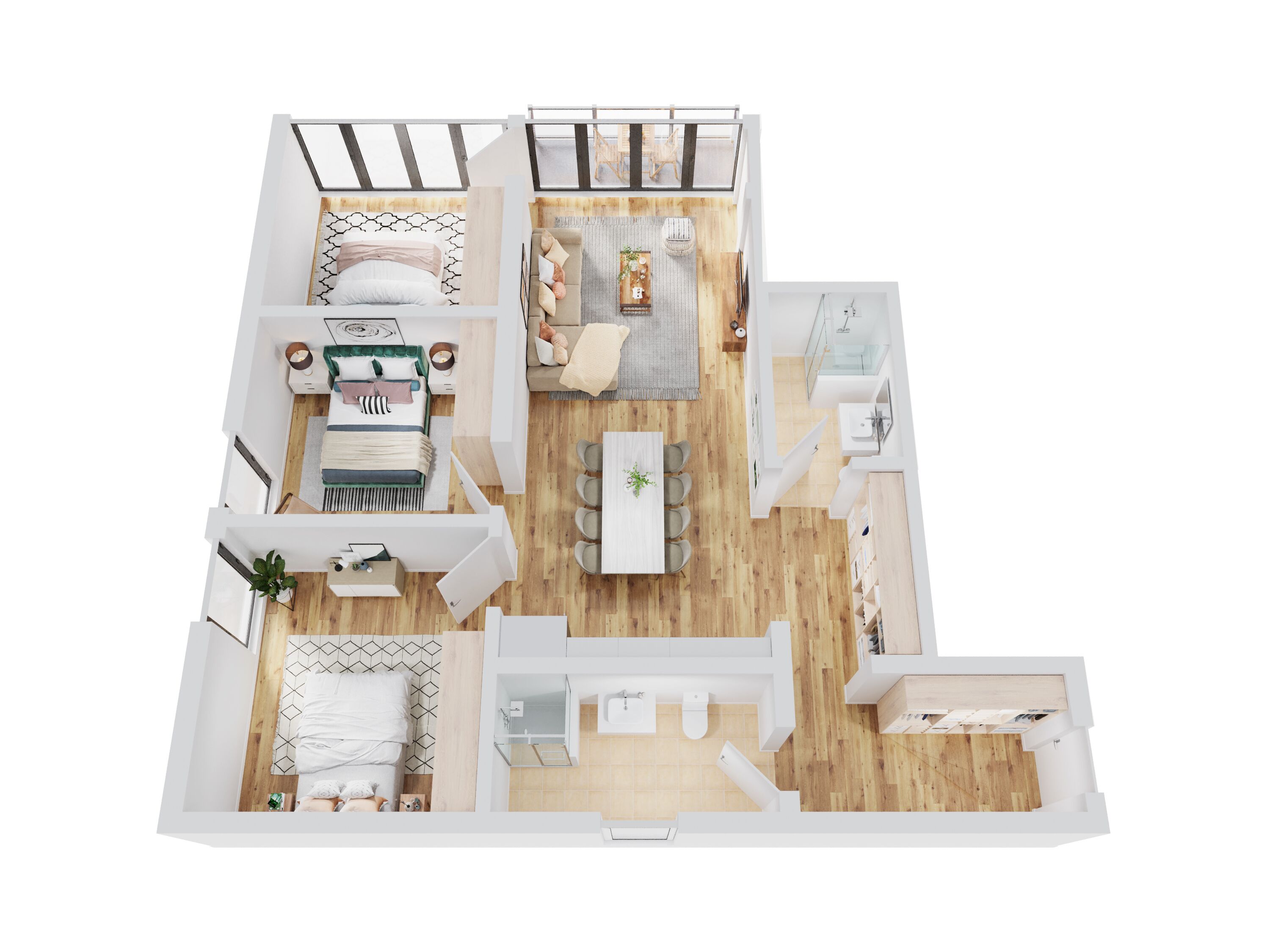 A modern apartment layout with a living room, dining area, kitchen, two bedrooms, and a bathroom.