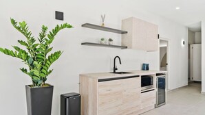 A modern kitchen with a built-in oven, a sink, and a cabinet. There is a potted plant on the left. - Ocean Front! 8BR Villa with Pool near Malmok Beach (Malmok)